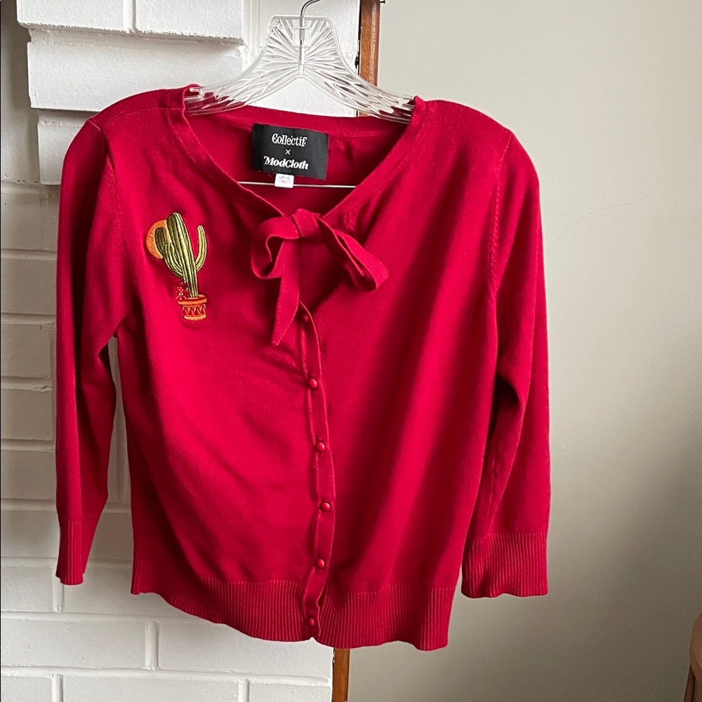 Collectif Red Cardigan with Cactus Embroidery
